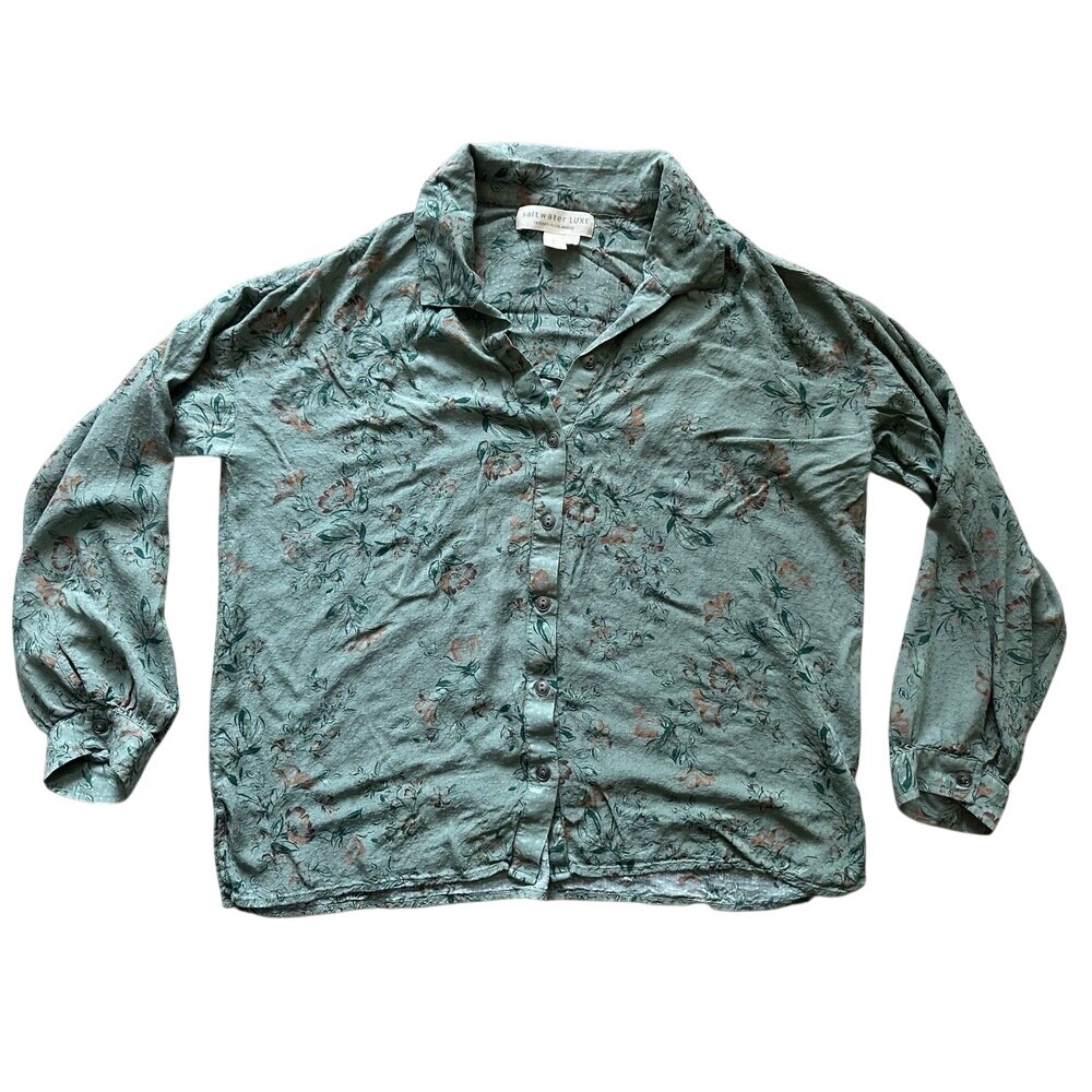 Saltwater Luxe Fern Long Sleeve Top Sage Green Floral Button Down Shirt Large